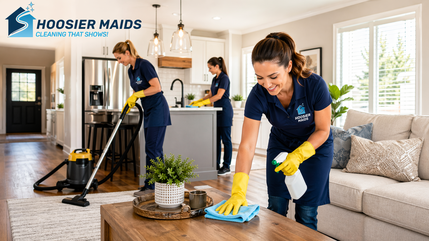 Professional house cleaning service by Hoosier Maids in Fort Wayne with team cleaning modern home interior