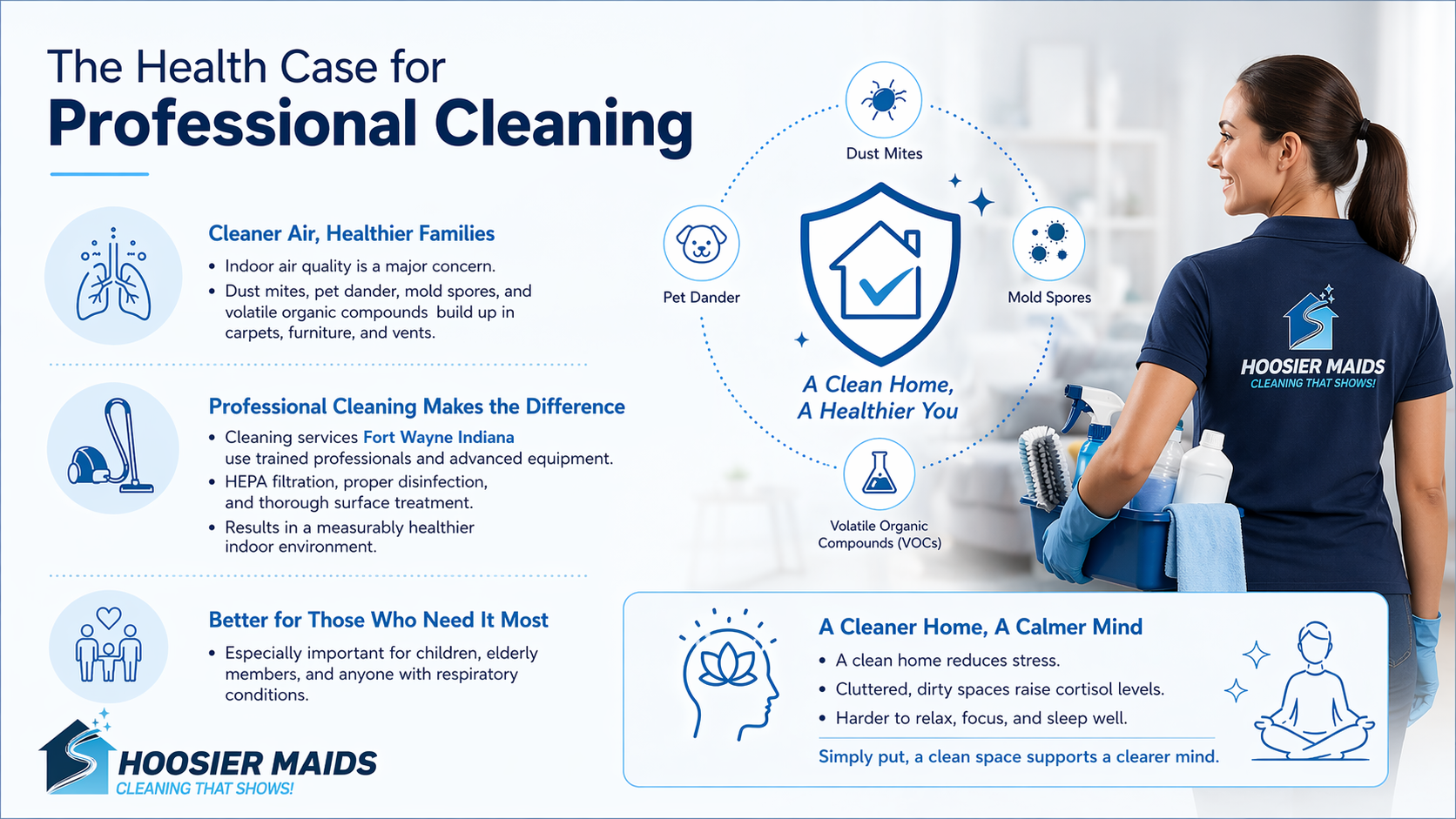 Health benefits of professional cleaning services in Fort Wayne showing cleaner air, dust removal, and healthier home environment by Hoosier Maids
