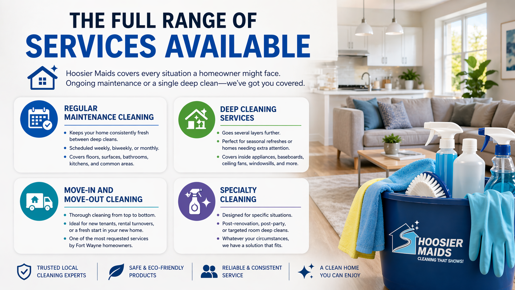 Hoosier Maids cleaning services in Fort Wayne showcasing deep cleaning, regular maintenance, and move-in move-out cleaning solutions