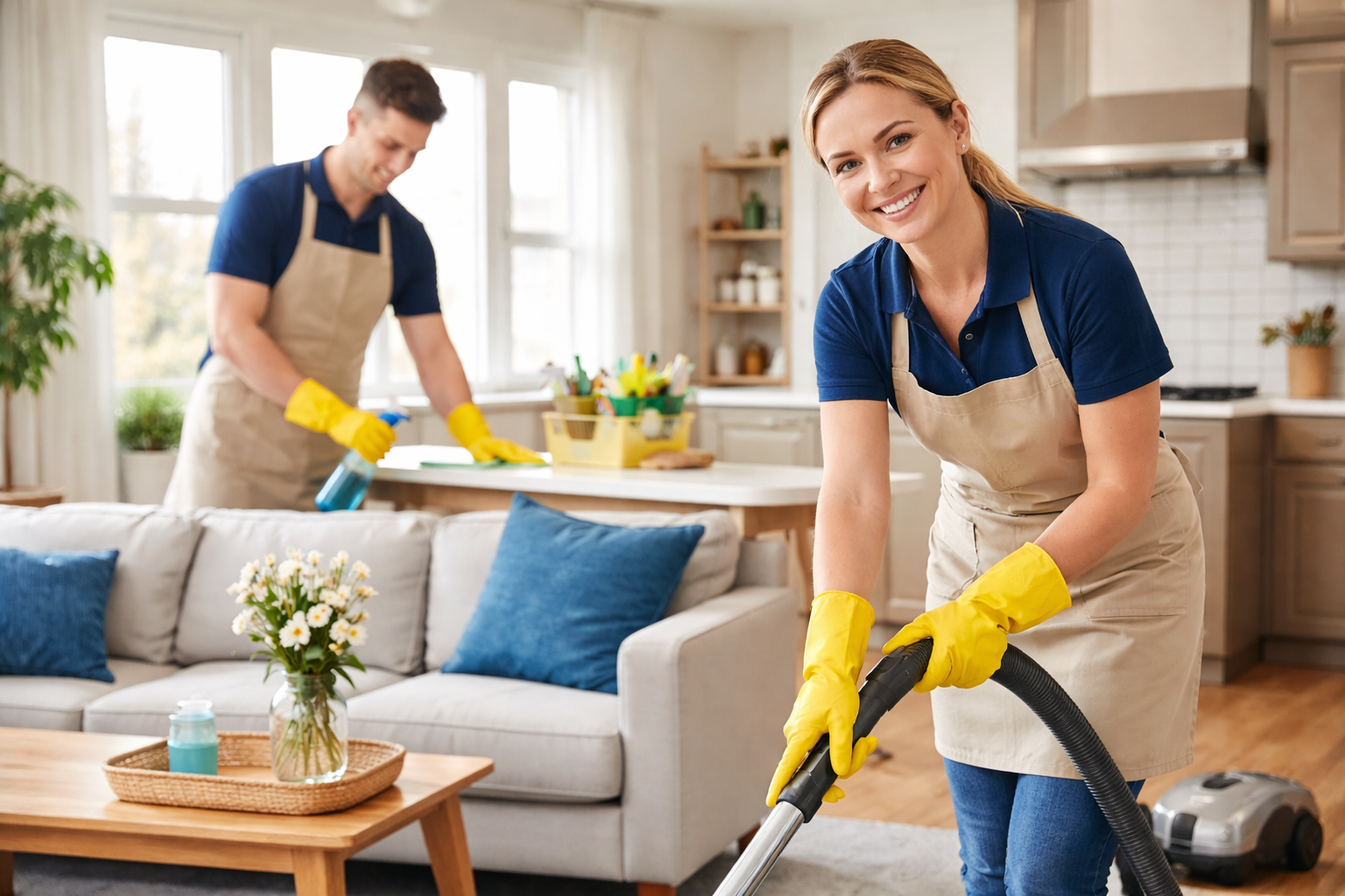 Professional cleaning team freshening a modern Fort Wayne home interior